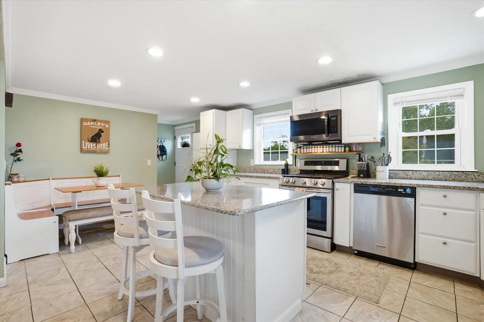 Kitchen island and dining nook at 14 Bloomingdale Drive