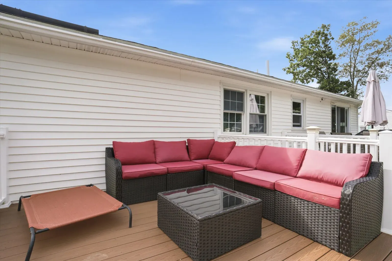 Deck seating area at 14 Bloomingdale Drive