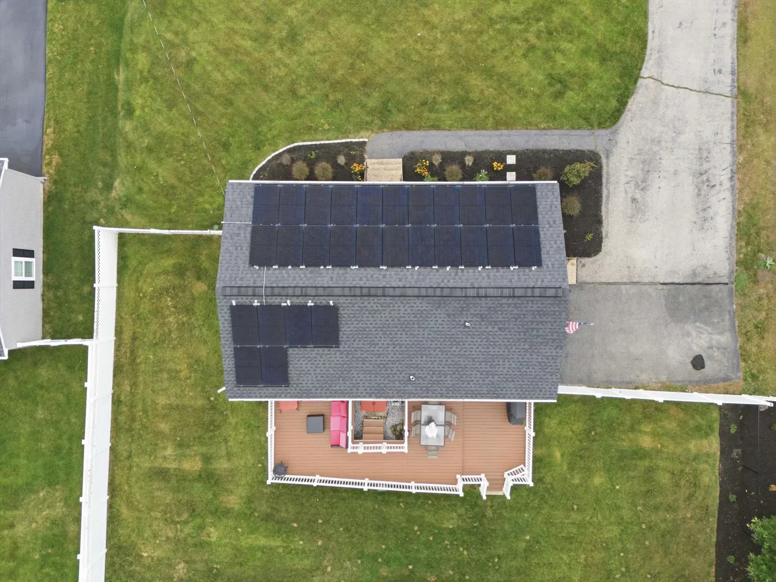 Overhead view of the roof and solar panels at 14 Bloomingdale Drive